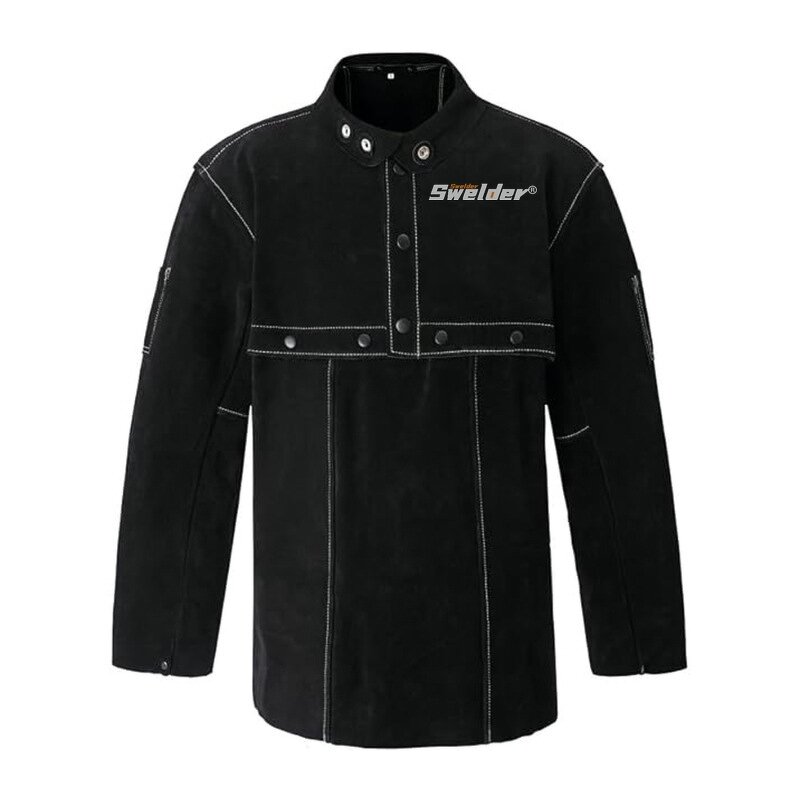 Welder Coat Jacket Manufacturer - Swelder Premium Safety Heat Flame Resistant Cowhide Leather Black with Sleeve