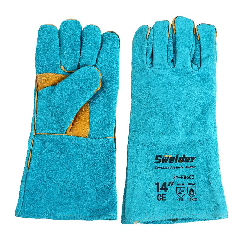 Welding Glove Manufacturer - Swelder 14" Length F8300 Factory Wholesale Light Blue Split Cowhide Leather