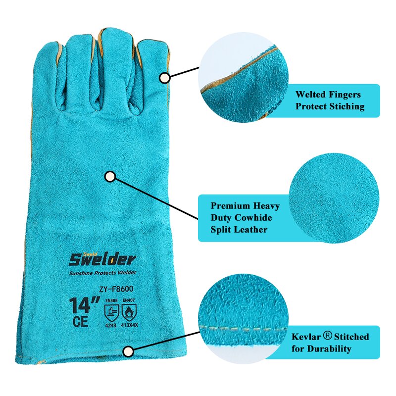 Welding Glove Manufacturer - Swelder 14" Length F8300 Factory Wholesale Light Blue Split Cowhide Leather
