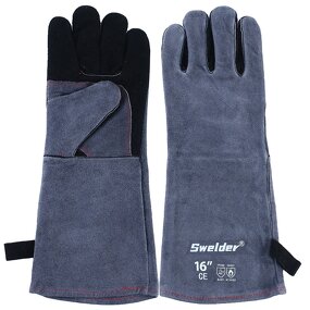 Welding Safety Gloves Manufacturer - Swelder Premium 16inch Black Gray Cowhide Leather Gauntlet for BBQ Welding