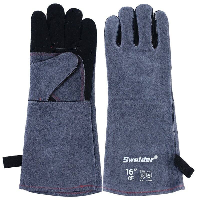 Welding Safety Gloves Manufacturer - Swelder Premium 16inch Black Gray Cowhide Leather Gauntlet for BBQ Welding