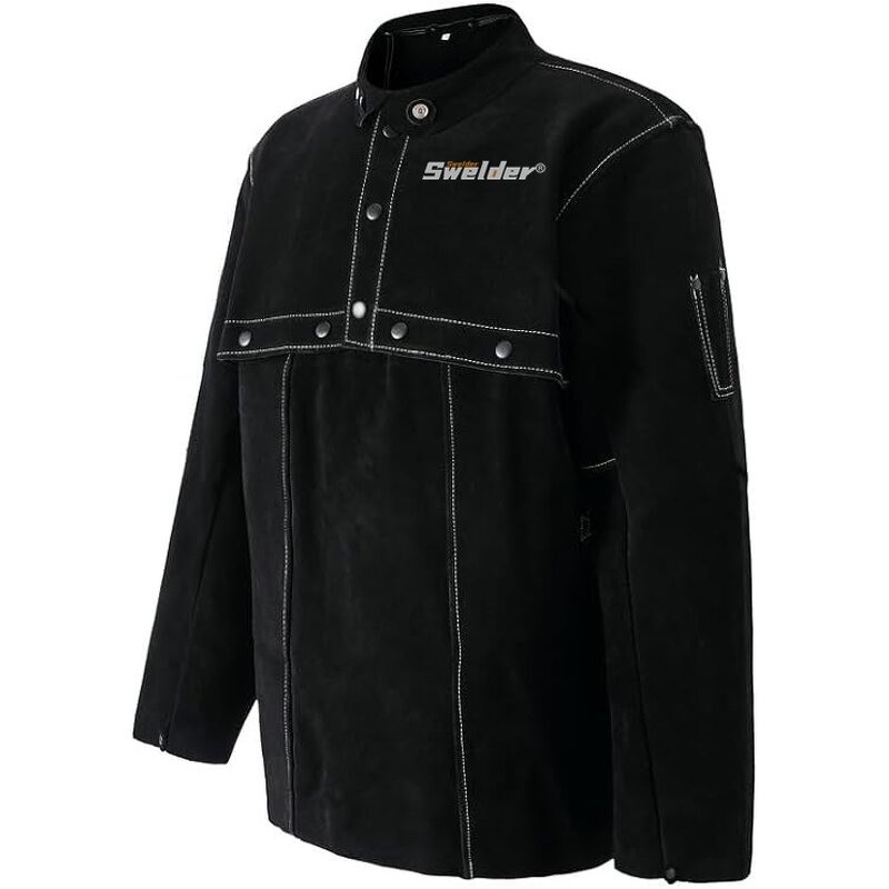 Welder Coat Jacket Manufacturer - Swelder Premium Safety Heat Flame Resistant Cowhide Leather Black with Sleeve
