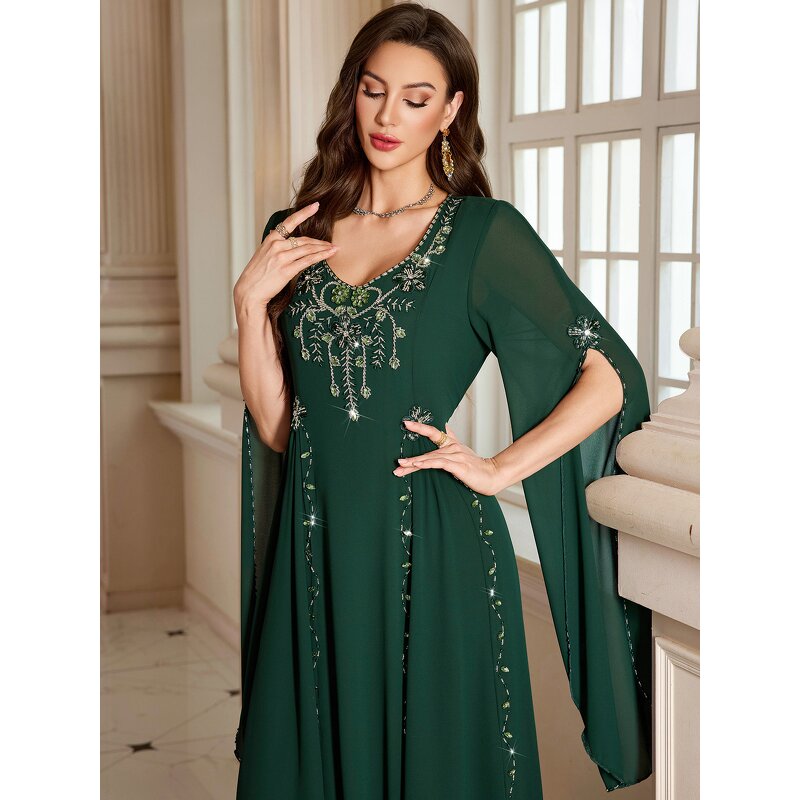 Abaya Set - BA5228 Black Gold Embroidered Beaded Lace Open Two-Piece