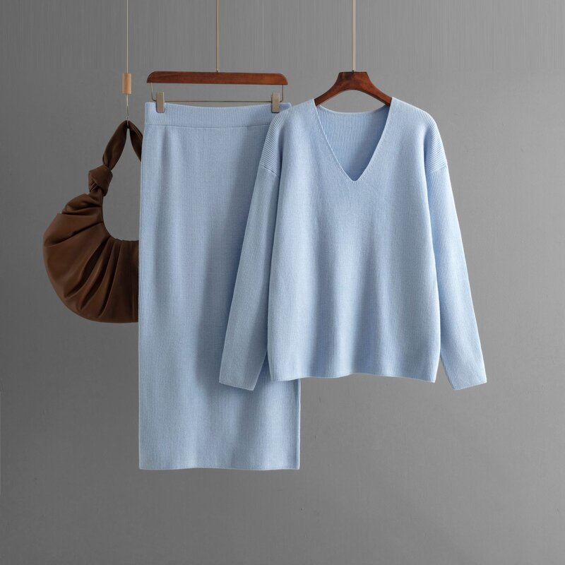 Women Set - 2024 V-neck Long Sleeve Loose Knit Top Pants Winter