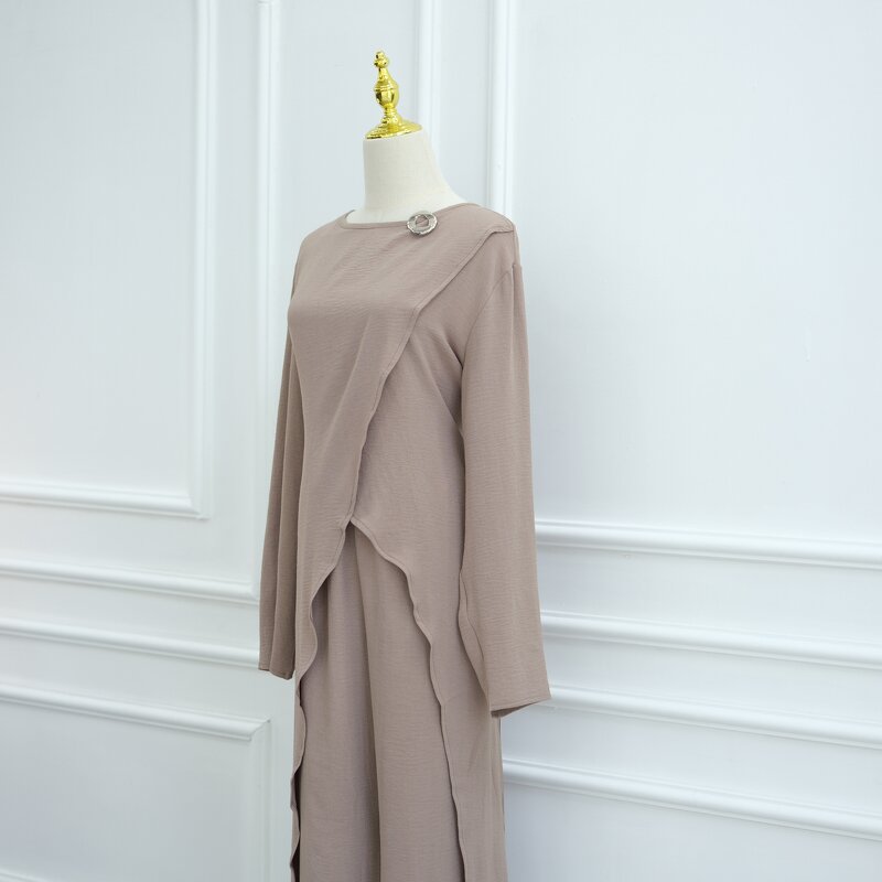 Modest Set - 6 Colors Jazz Crepe 2pcs Long Top Pants Dubai Abaya