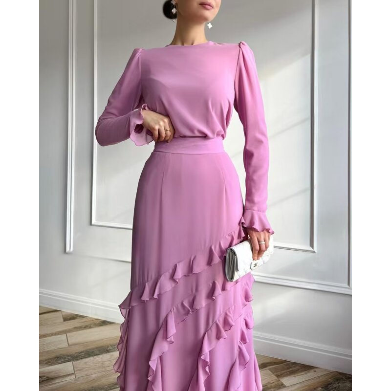 Modest Set - 4 Colors Chiffon Dubai Turkey 2 Piece Top Skirt Muslim