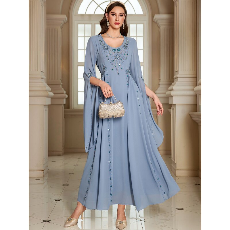 Abaya Set - BA5228 Black Gold Embroidered Beaded Lace Open Two-Piece