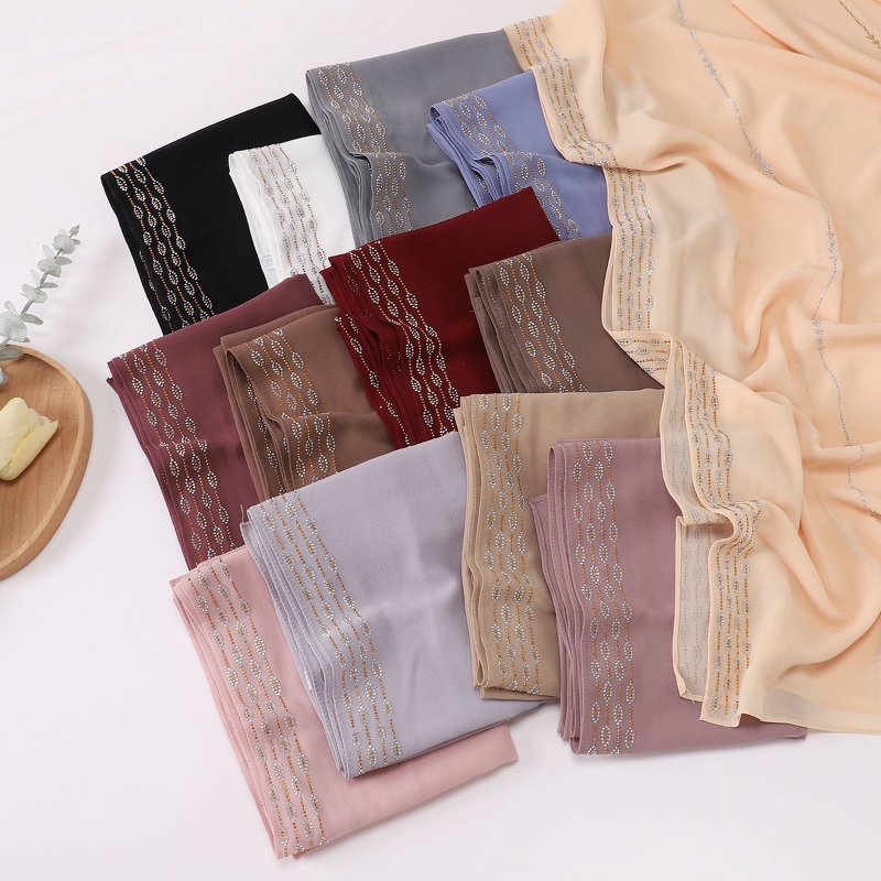 Hijab Scarf - Pearl Chiffon Hot Drilled Long Scarf Muslim Women Shawl