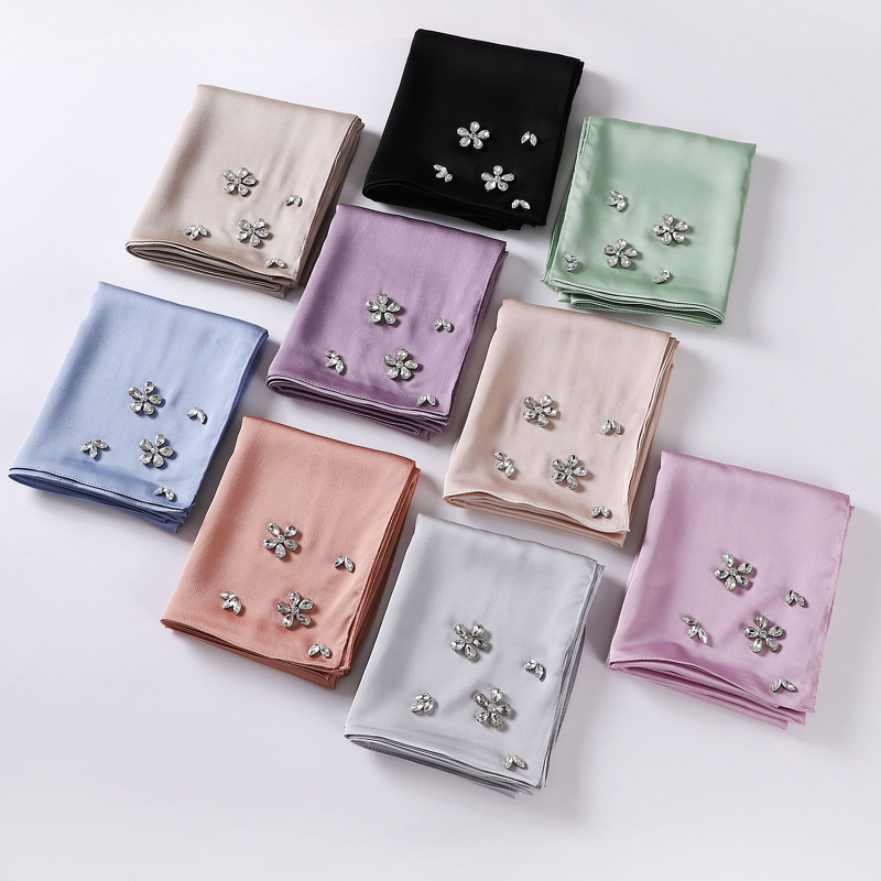 Hijab Scarf - Imitation Silk Handmade Rhinestone Muslim Headscarf Shawl