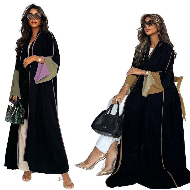 Abaya Manufacturer - 2025 New Color Blocking Open Front Islamic Modest Dress
