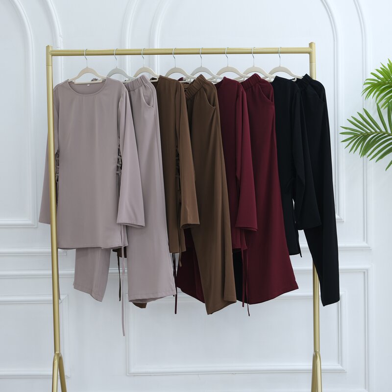 Modest Set - 4 Colors Nida Dubai Turkey 2pcs Top Pants Muslim Women