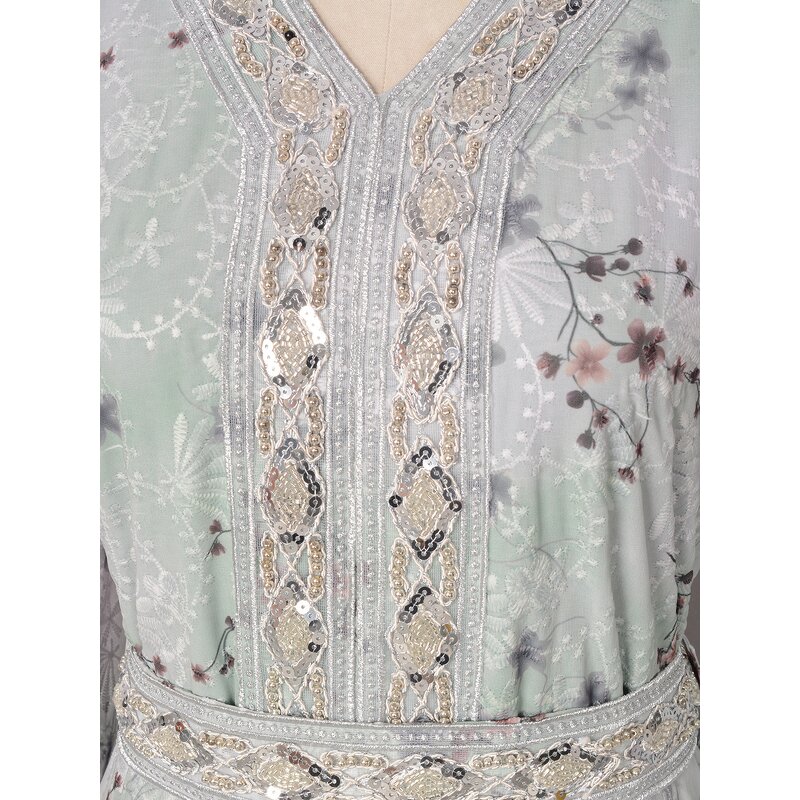 Kaftans - Middle East Dubai Green Silver Printing Eid Caftan Moroccan