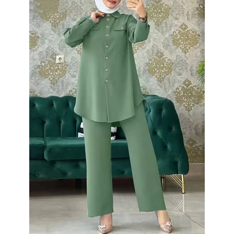 Modest Set - 2024 4 Colors Jazz Crepe Pants Shirt Top Muslim Women
