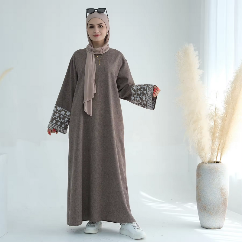 Abaya Manufacturer - 3 Colors Polyester Linen Embroidered Ramadan Eid Dress