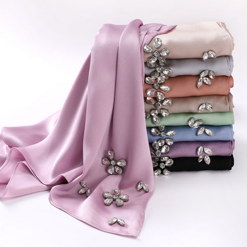 Hijab Scarf - Imitation Silk Handmade Rhinestone Muslim Headscarf Shawl