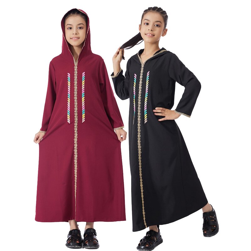 Kids Abaya - Ramadan Eid 4 Colors Embroidered Muslim Girls Dress