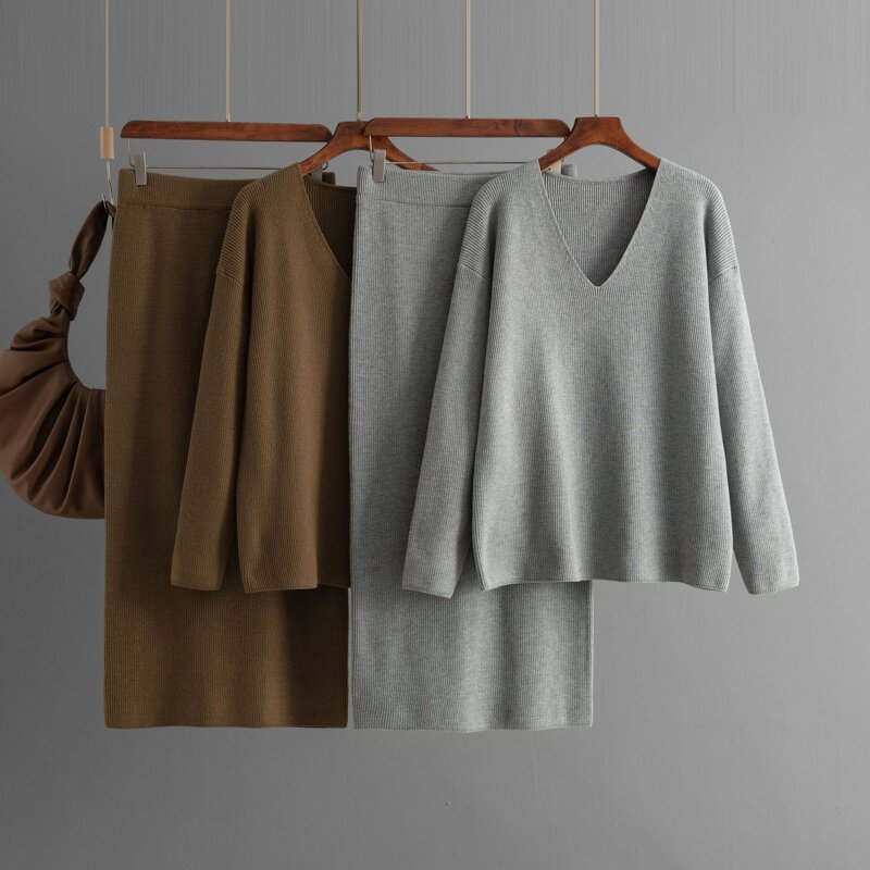 Women Set - 2024 V-neck Long Sleeve Loose Knit Top Pants Winter