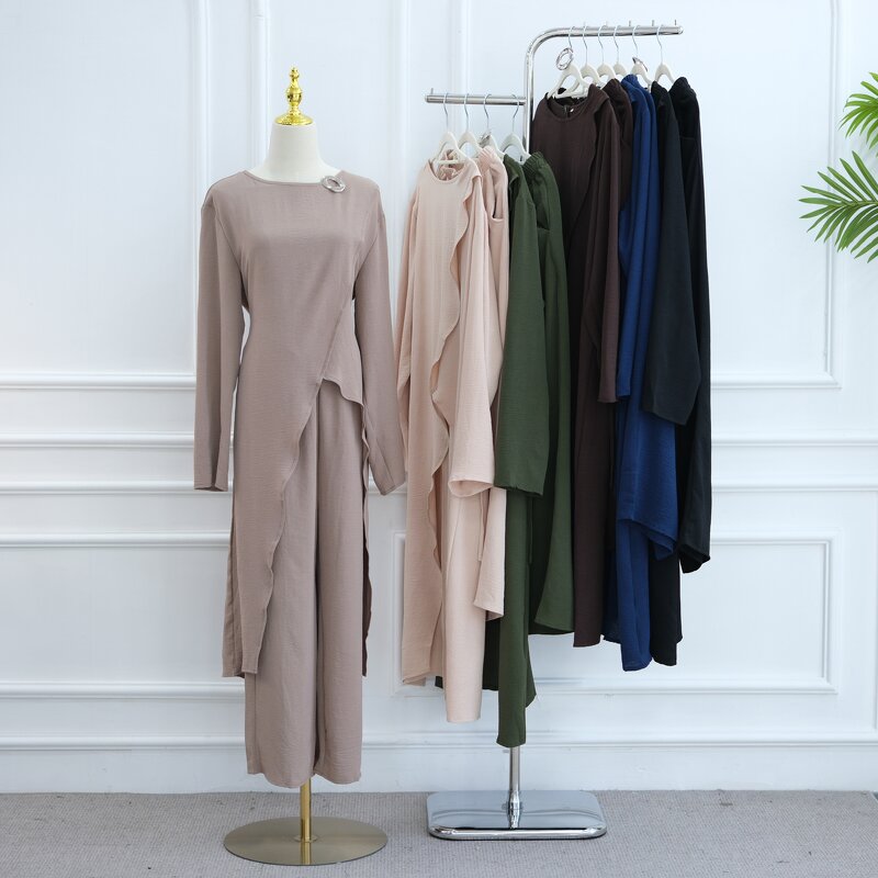 Modest Set - 6 Colors Jazz Crepe 2pcs Long Top Pants Dubai Abaya