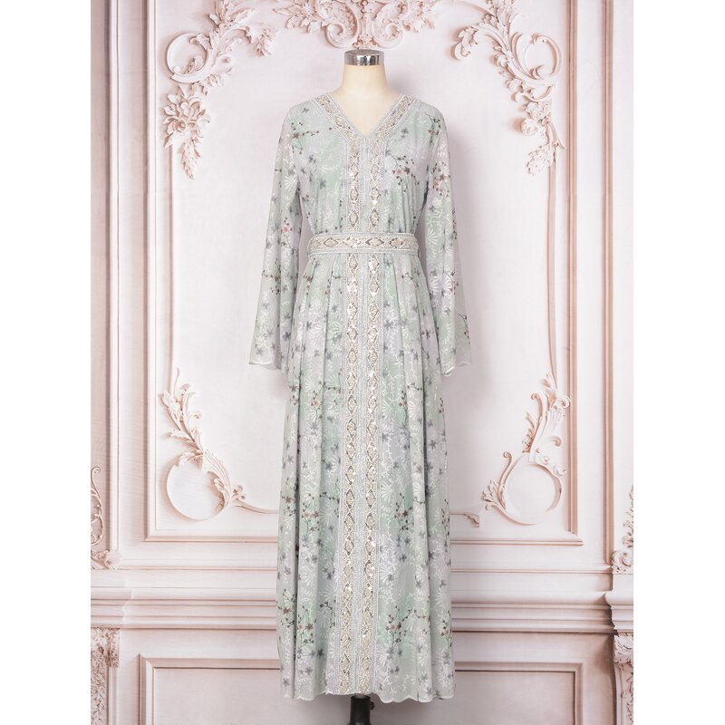 Kaftans - Middle East Dubai Green Silver Printing Eid Caftan Moroccan