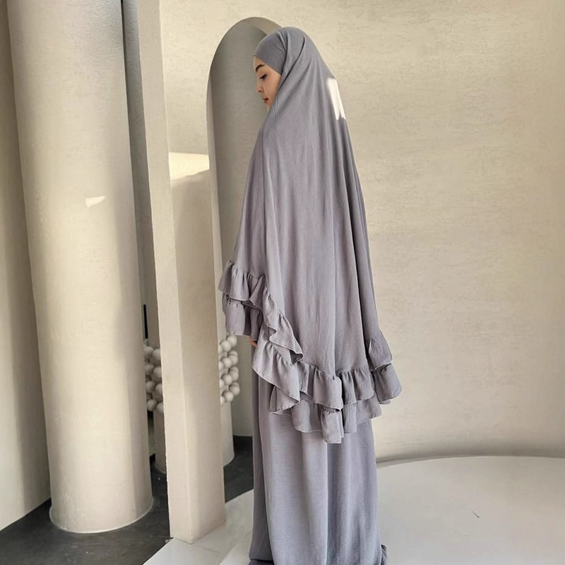 Prayer Dress - 5 Colors Ruffled Khimar Abaya 2 Piece Set Saudi Dubai