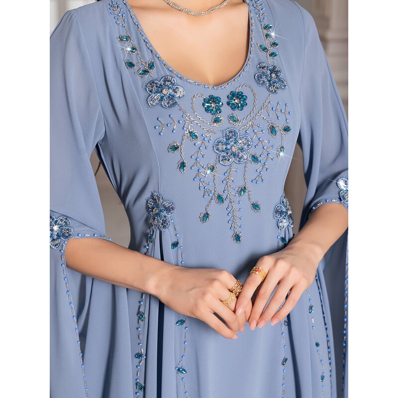 Abaya Set - BA5228 Black Gold Embroidered Beaded Lace Open Two-Piece