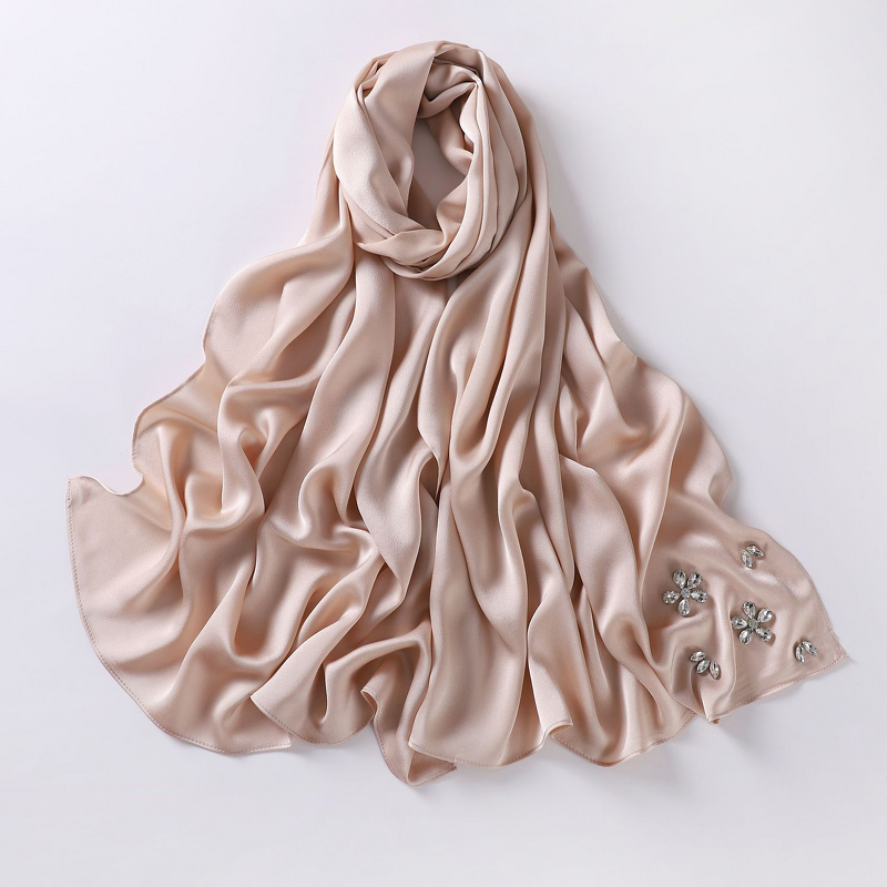Hijab Scarf - Imitation Silk Handmade Rhinestone Muslim Headscarf Shawl