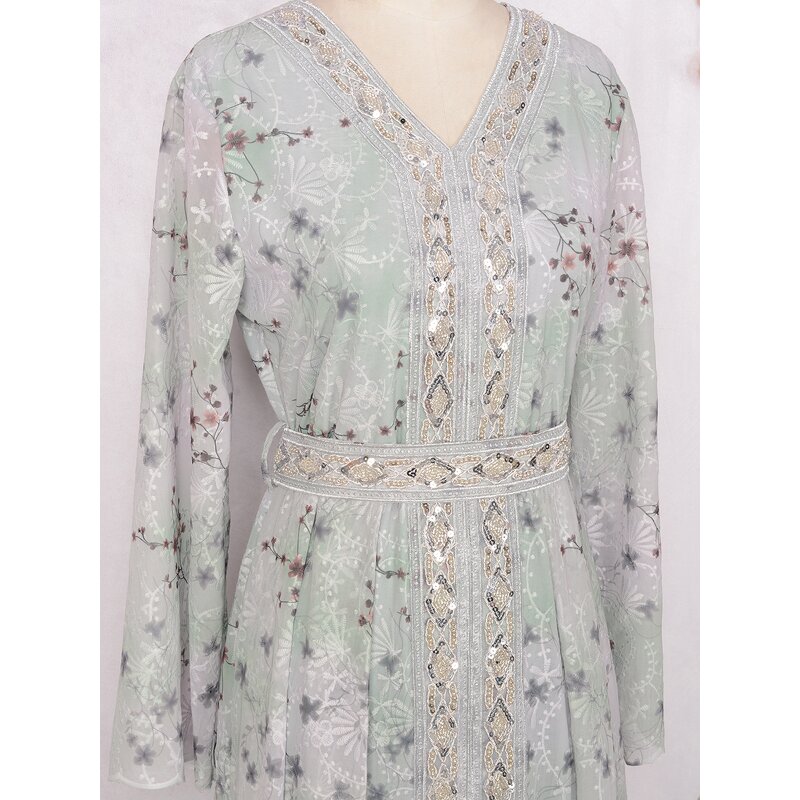 Kaftans - Middle East Dubai Green Silver Printing Eid Caftan Moroccan