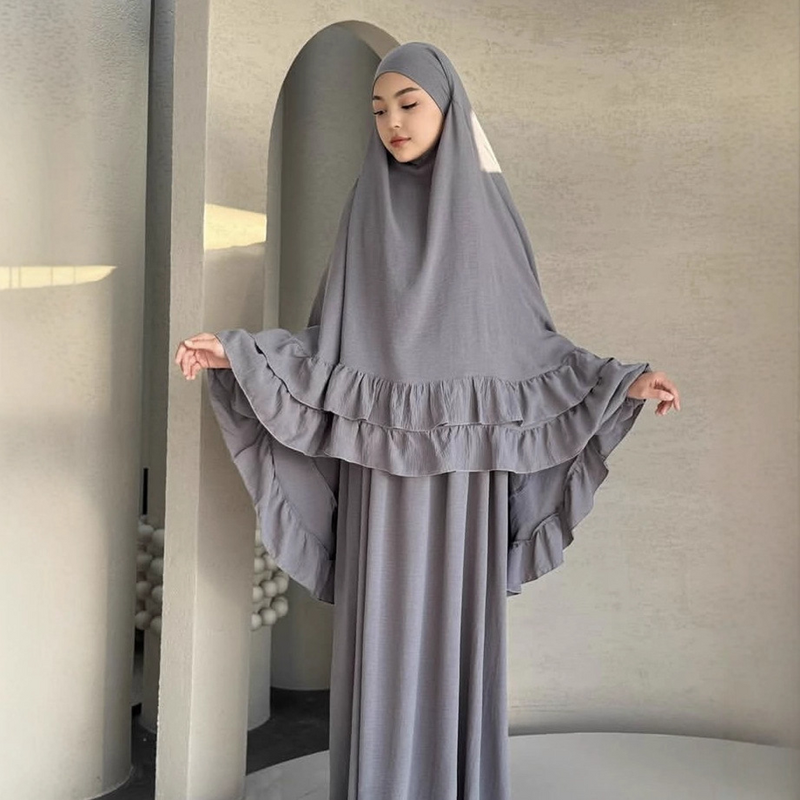Prayer Dress - 5 Colors Ruffled Khimar Abaya 2 Piece Set Saudi Dubai