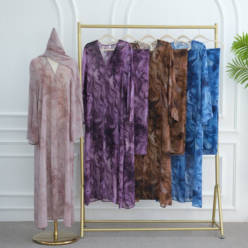 Abaya Manufacturer - 4 Colors Printed Open Abaya With Matching Scarf Long Dress
