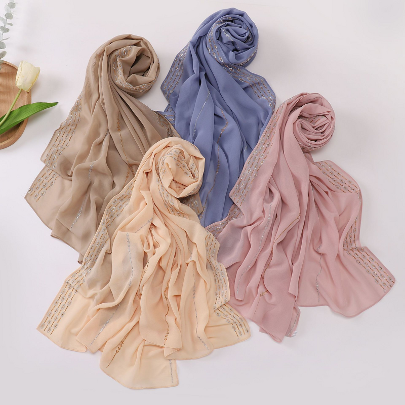 Hijab Scarf - Pearl Chiffon Hot Drilled Long Scarf Muslim Women Shawl