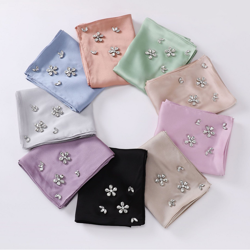 Hijab Scarf - Imitation Silk Handmade Rhinestone Muslim Headscarf Shawl