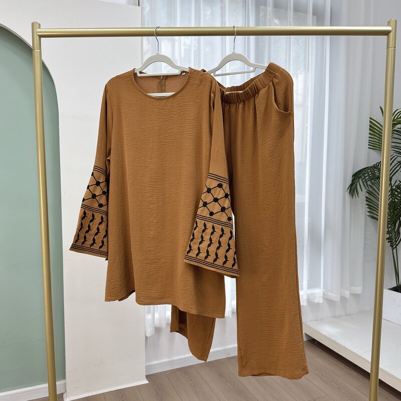 Modest Set - 2024 3 Colors Jazz Crepe Embroidered Pants Top Muslim