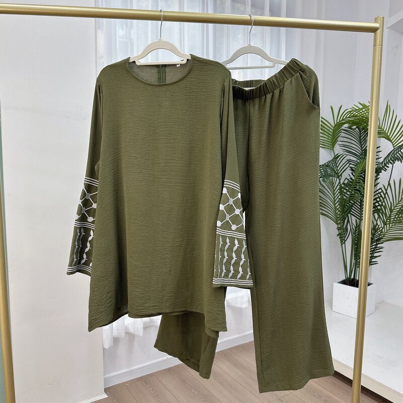 Modest Set - 2024 3 Colors Jazz Crepe Embroidered Pants Top Muslim