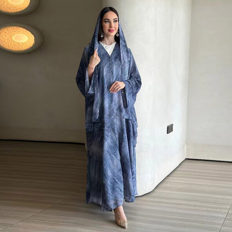 Abaya Manufacturer - 4 Colors Printed Open Abaya With Matching Scarf Long Dress