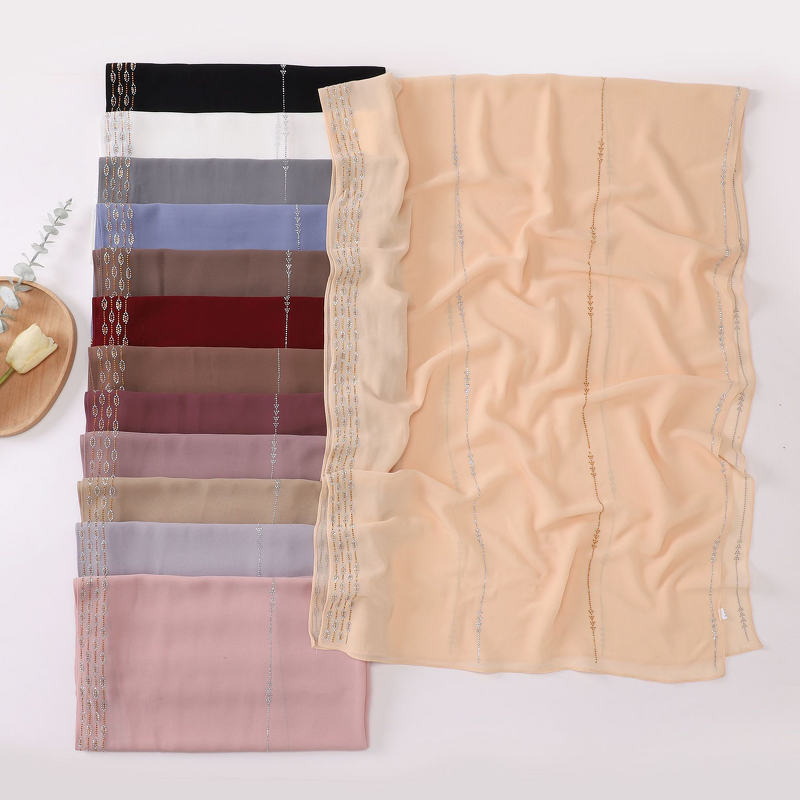 Hijab Scarf - Pearl Chiffon Hot Drilled Long Scarf Muslim Women Shawl