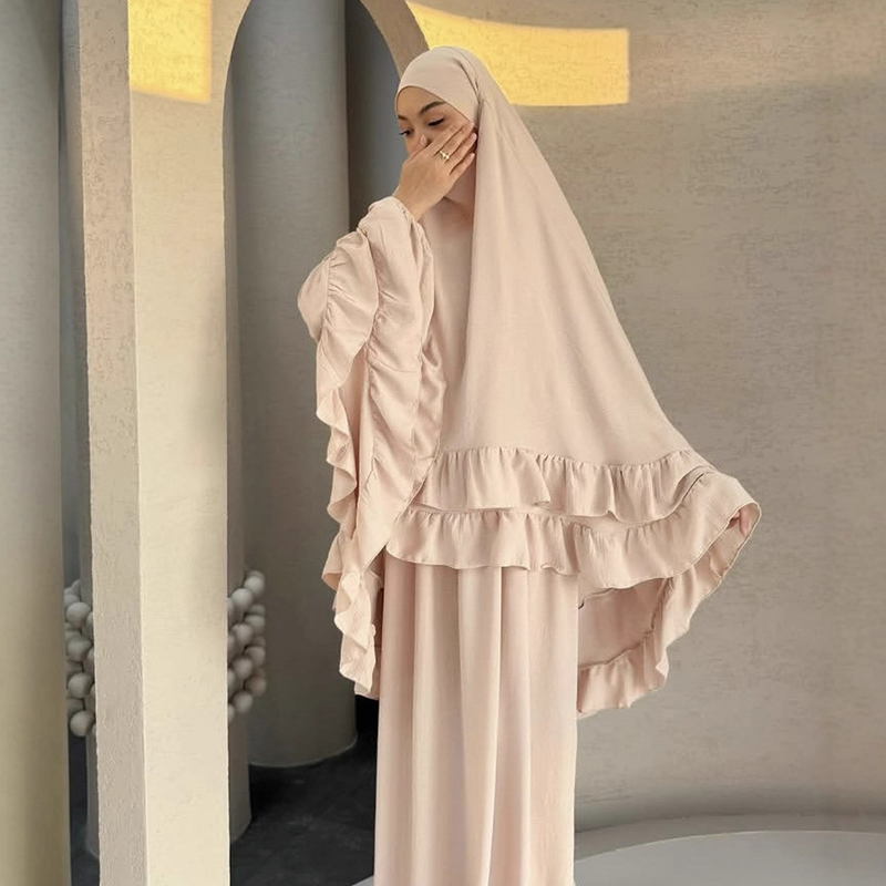 Prayer Dress - 5 Colors Ruffled Khimar Abaya 2 Piece Set Saudi Dubai