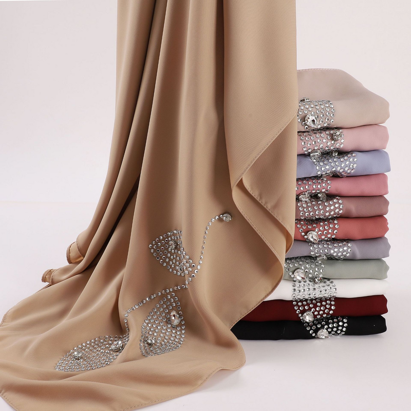 Hijab Scarf - Silk Imitation Hot Drilling Dubai Wrinkle-Resistant Shawl
