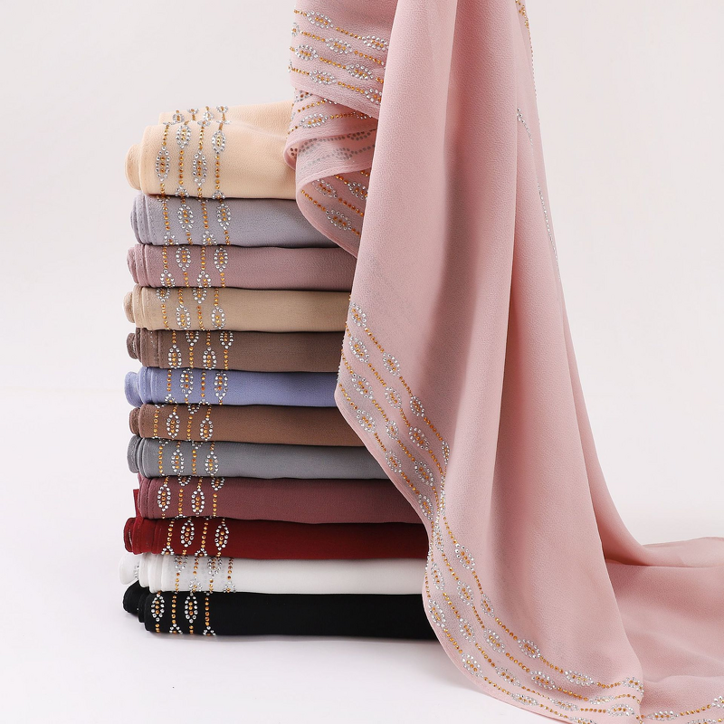 Hijab Scarf - Pearl Chiffon Hot Drilled Long Scarf Muslim Women Shawl