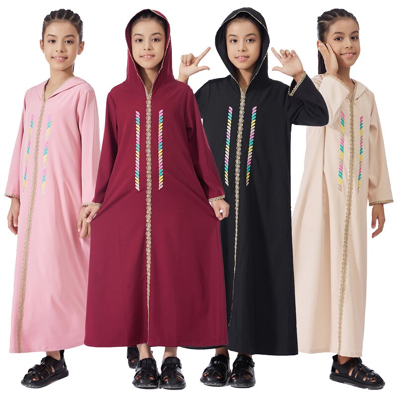 Kids Abaya - Ramadan Eid 4 Colors Embroidered Muslim Girls Dress