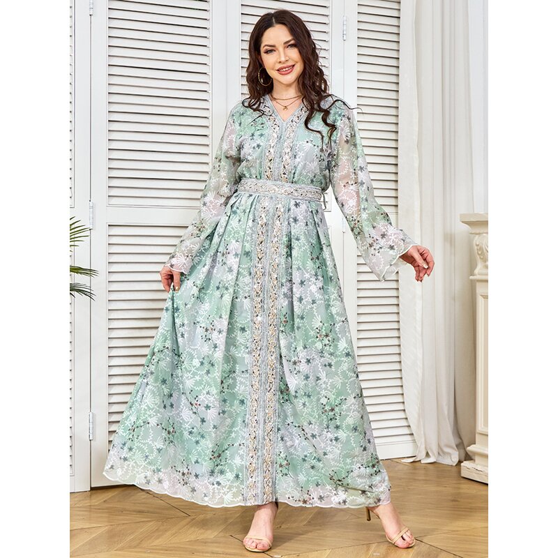 Kaftans - Middle East Dubai Green Silver Printing Eid Caftan Moroccan