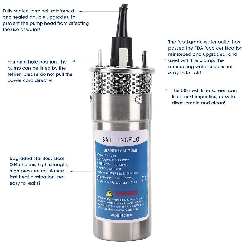 Water Pump Manufacturer - 12LPM 12/24V Stainless Steel Solar Submersible for Project Agriculture