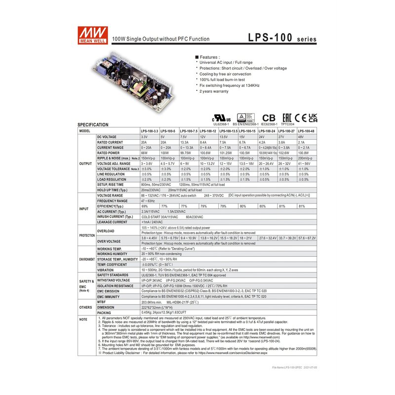 Power Supply Manufacturer - MEAN WELL LPS-100-27 100W 27V 3.8A with Multiple Protections for Industrial