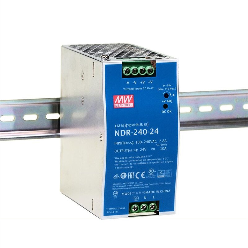 DIN Rail Power Supply Manufacturer - MEAN WELL NDR-240-24 24V 10A 240W 88.5% Eff. for Industrial Automation USA Shipping