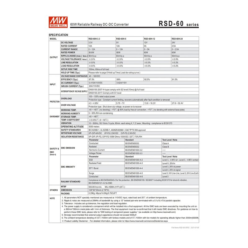 DC-DC Converter Manufacturer - MEAN WELL RSD-60G-24 60W 90% Eff. for Rail Systems & Industrial Automation