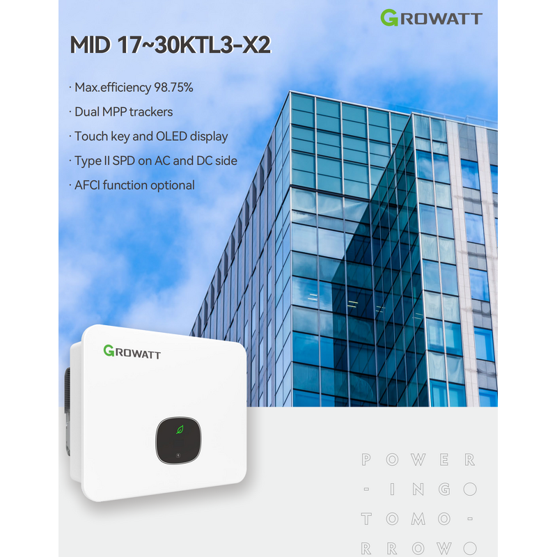 Solar Inverter Manufacturer - Growatt MID 30KTL3-X2 30kW Three Phase 1100V DC 98.6% Eff. for Industrial