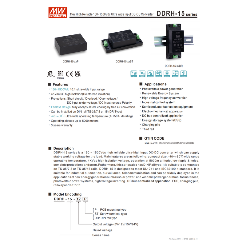 DC-DC Converter Manufacturer - MEAN WELL DDRH-15-24P 15W High Input 150-1500Vdc for Solar & Power Systems