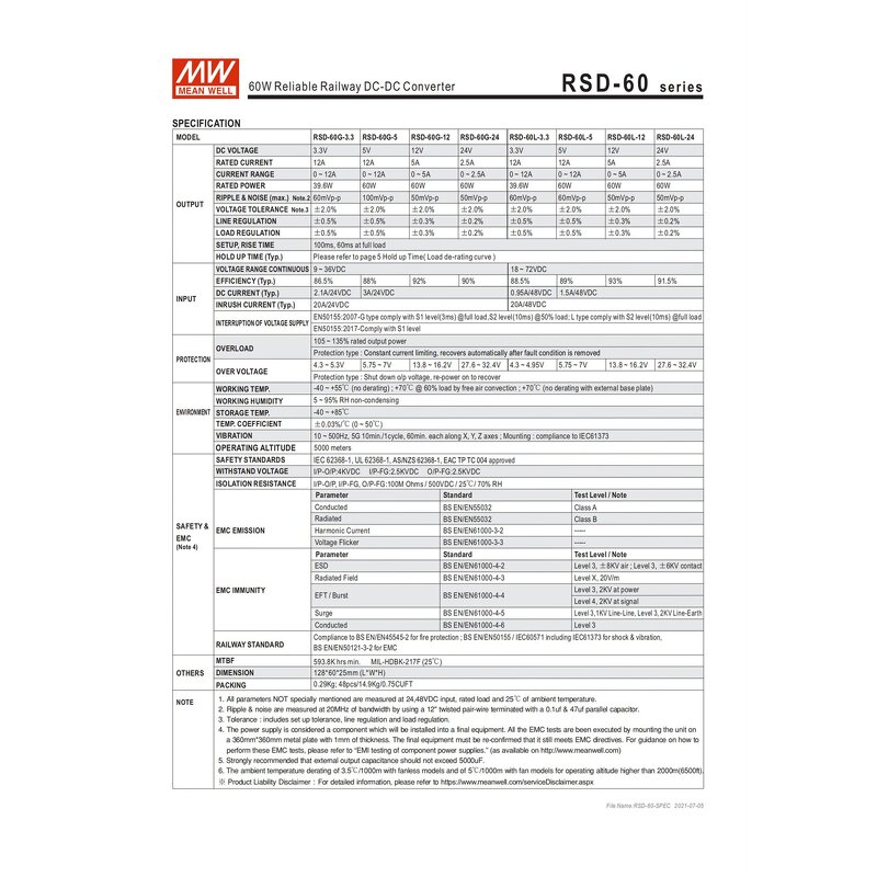DC-DC Converter Manufacturer - MEAN WELL RSD-60G-24 60W 90% Eff. for Rail Systems & Industrial Automation