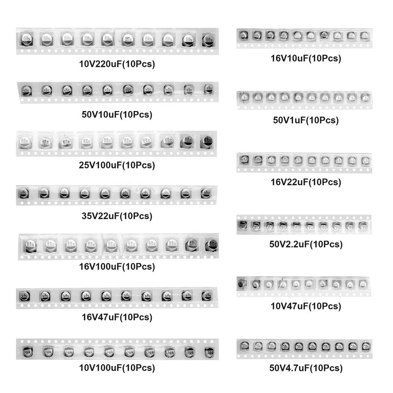 Capacitor Kit - 130pcs SMD 4.7uF-220uF Aluminum Electrolytic 13 Specs