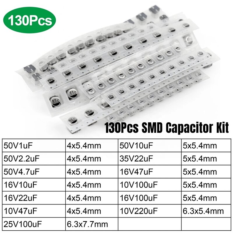 Capacitor Kit - 130pcs SMD 4.7uF-220uF Aluminum Electrolytic 13 Specs