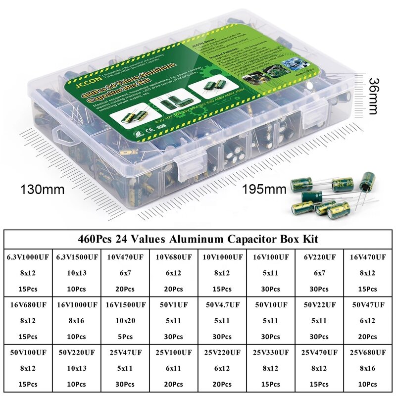 Capacitor Kit - 460PCS Green 6.3V-50V Electrolytic Capacitor 24 Kits